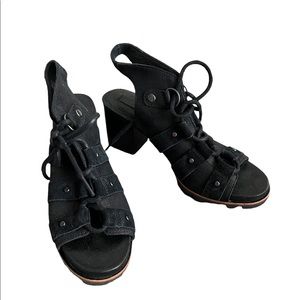 SOREL ADDINGTON Black Leather Lace up Studded High Heel Sandals